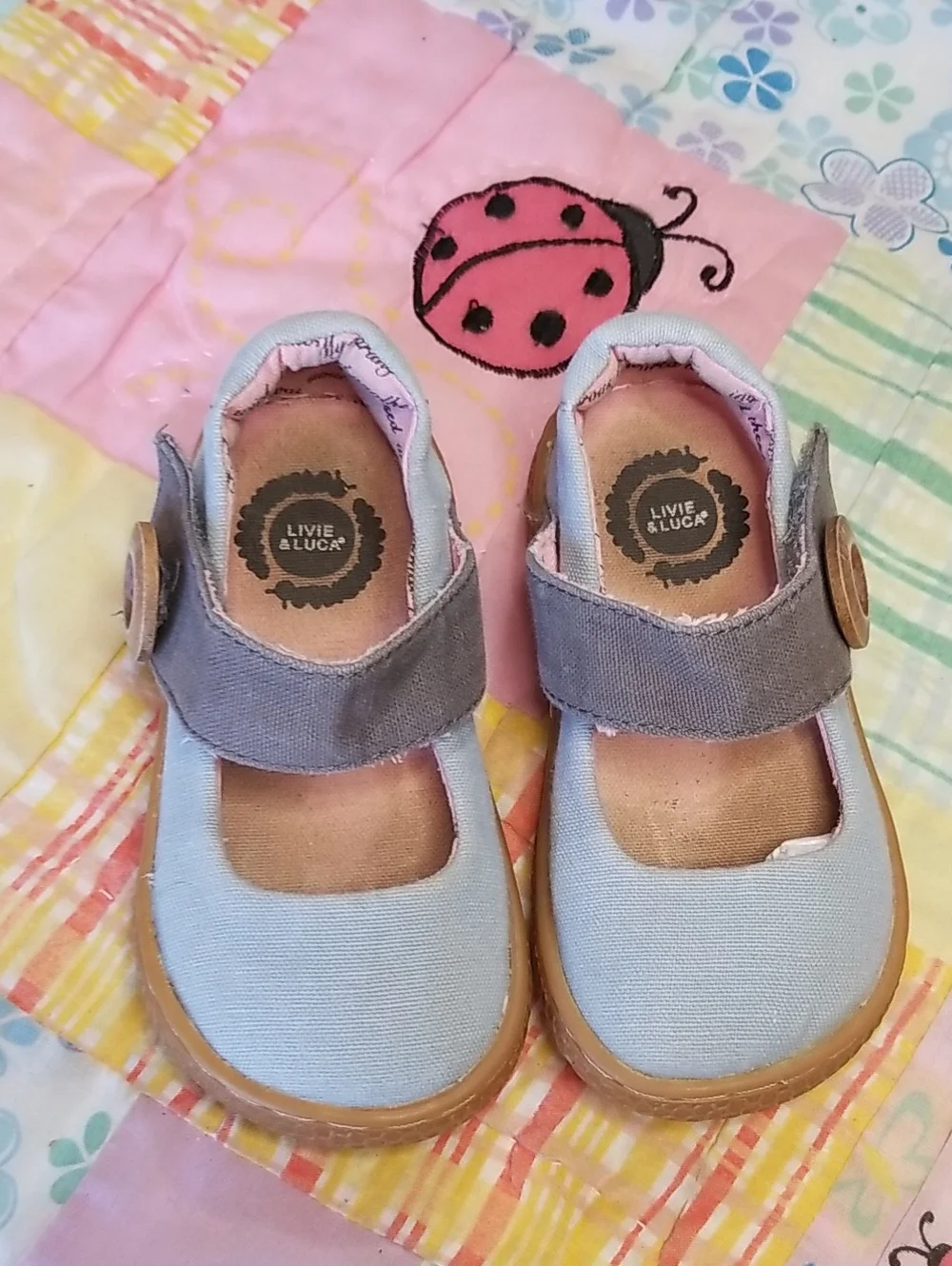 Livie & Luca Light Blue Canvas Mary Janes w/Gray Strap & Wood Buttons 5 Carta
